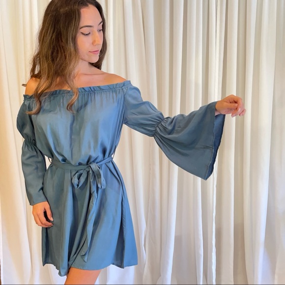 Dusty Blue Bell Sleeve Off the Shoulder - Picture 5 of 5